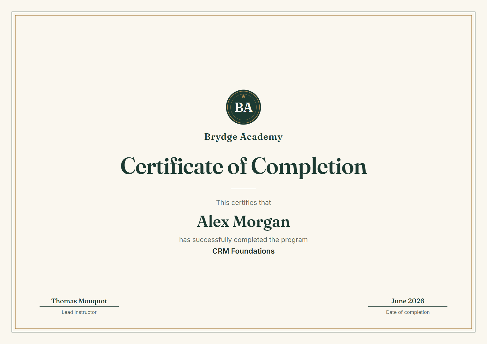 Sample Brydge Academy certificate of completion